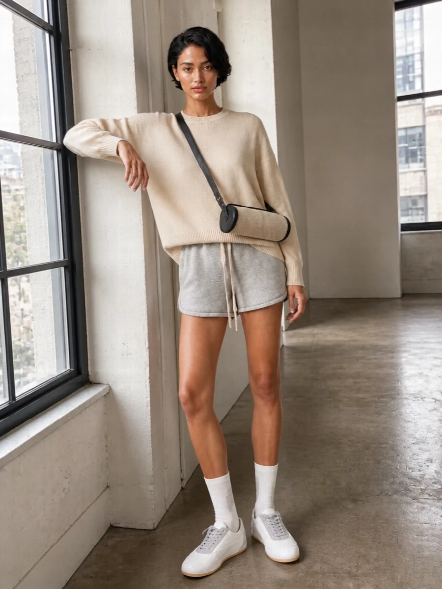 Jil sander grey shorts beige sweatshirt outfit