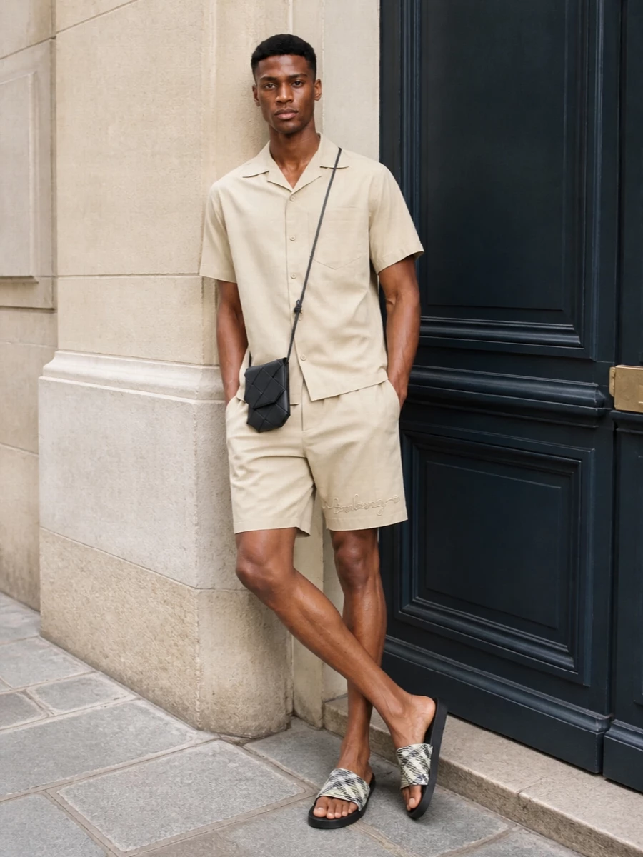 Burberry slides beige camp collar shirt shorts