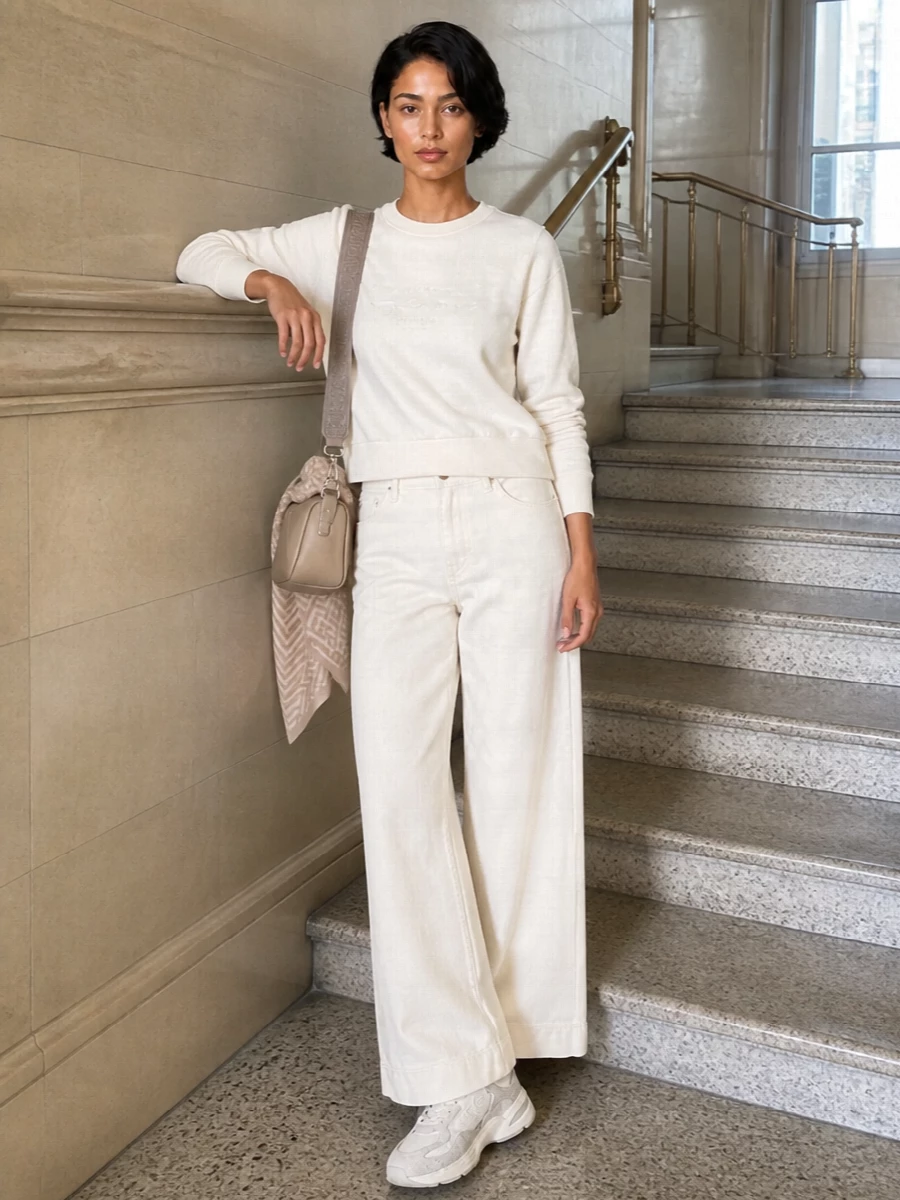Emporio armani ivory sweatshirt wide leg outfit