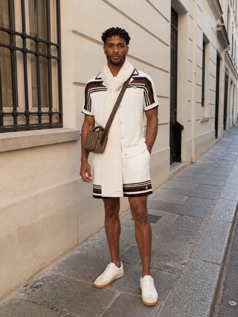 A retro tennis-club knit meets textured shorts in a tightly edited cream and espresso palette, finished with clean court sneakers for a modern street-preppy mood. The GG crossbody and buttercream scarf add quiet structure and warmth without competing with the crochet textures.
