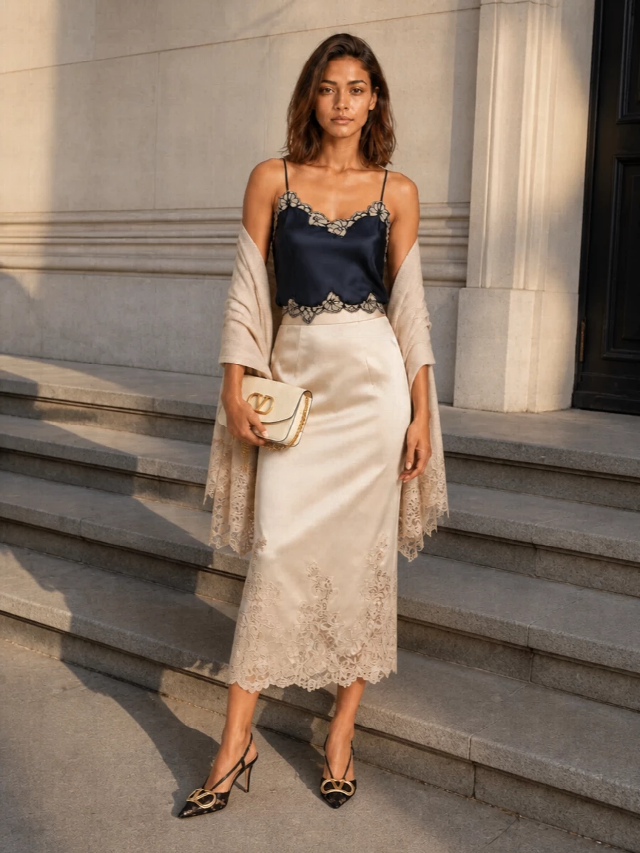 Isabel marant camisole satin lace midi outfit
