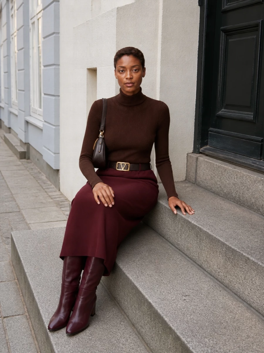 Deep burgundy and chocolate brown play together in a long, clean column, with the slim ribbed knit tucked into the straight Vince midi for a quietly confident silhouette. Burgundy knee boots disappear under the hem to elongate the line, while a chocolate belt and crescent shoulder bag add just enough structure and depth. The result is a minimalist, wine-toned outfit that moves easily from a polished workday to an understated dinner.