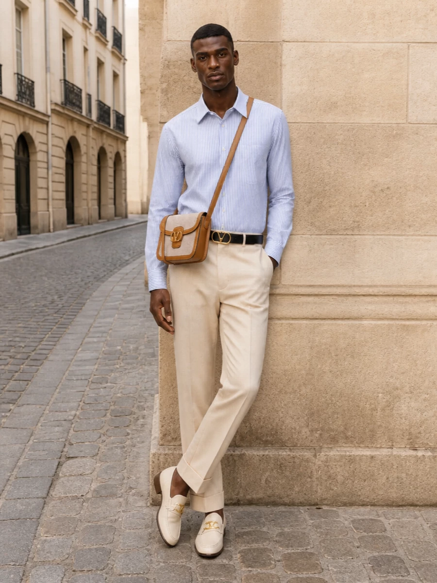 The blue-and-white striped Valentino shirt is grounded with light-beige cuffed trousers, creating a fresh SS take on classic tailoring. Cream loafers and a slim belt keep the lines clean and elevated, while the beige-and-cognac crossbody introduces a refined, tonal accent that reinforces the quiet-luxury mood. It’s a polished, modern uniform that moves effortlessly from smart office days to dinner in the city.