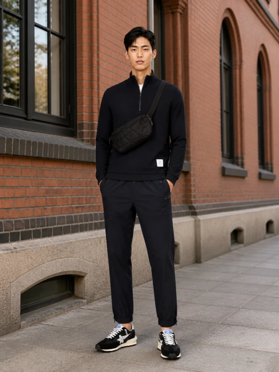 Deep navy Moncler track pants meet a Thom Browne half zip in matching tones for a minimalist, athletic set that feels sharp rather than casual. Graphic Golden Goose runners keep things fast and city focused, while the compact quilted belt bag adds just enough technical texture for hands free movement. It is a clean, sport driven uniform that works from travel days to polished off duty plans.