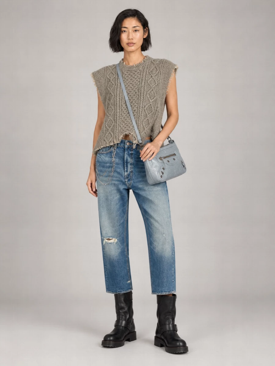 R13 Cropped Distressed Cotton Jeans