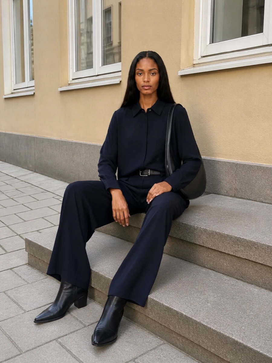 Max mara navy shirt jacket wide leg trouser outfit