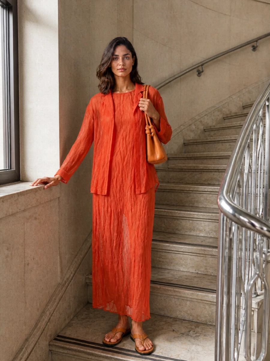 Alysi orange maxi dress outfit tan sandals