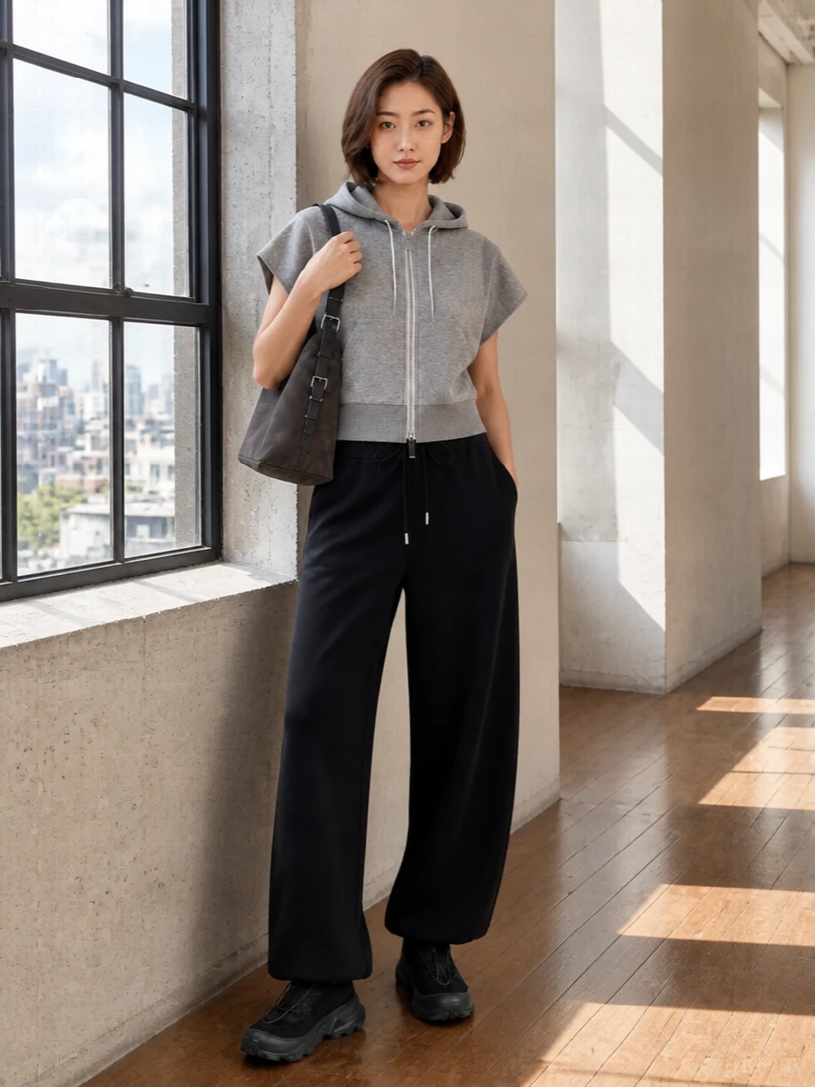 Sacai grey hoodie black wide leg pants outfit