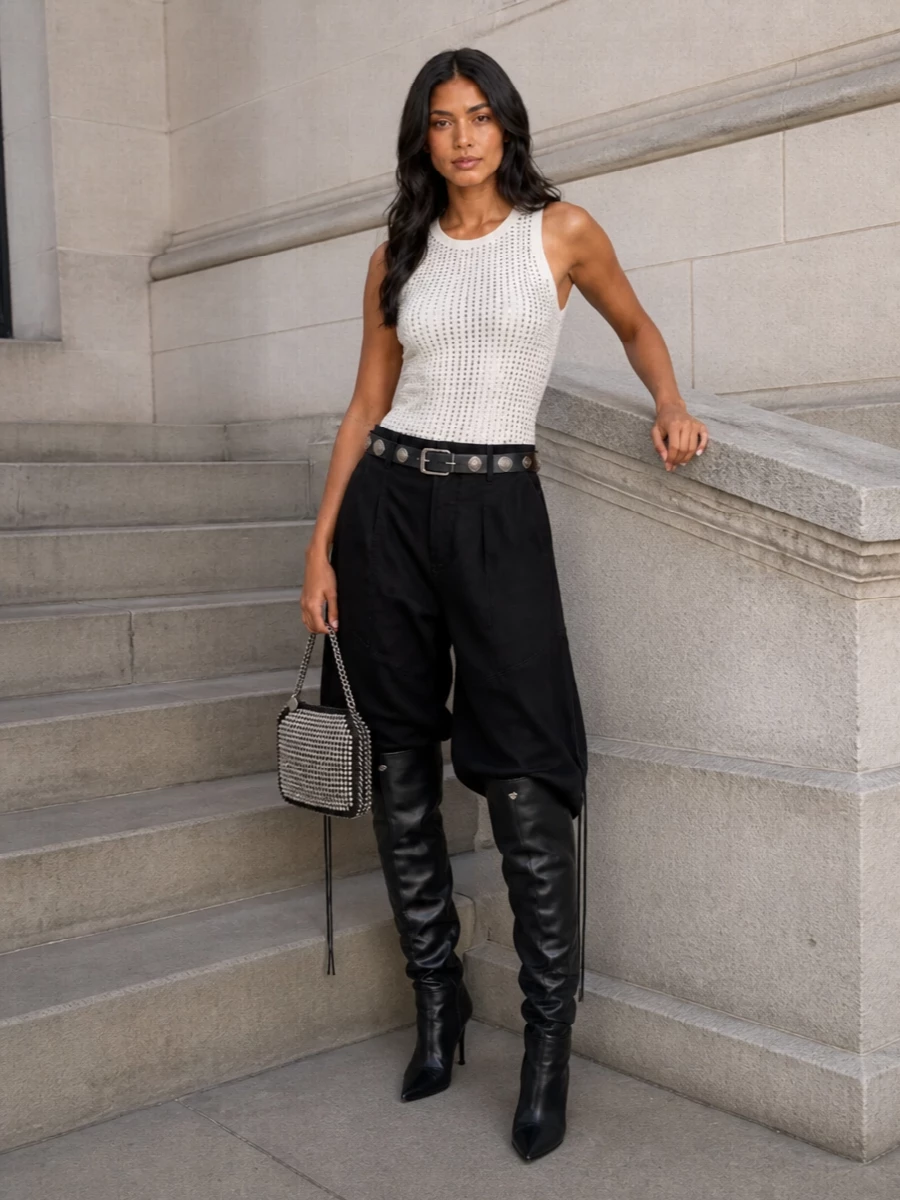 A studded white Attico tank meets inky oversized cargos for that perfect mix of body and volume, all in a clean black and silver story. Over-the-knee boots keep it unapologetically night-focused, while a metal-mesh mini bag and a studded belt tighten the hardware narrative into something sharp and club-ready.