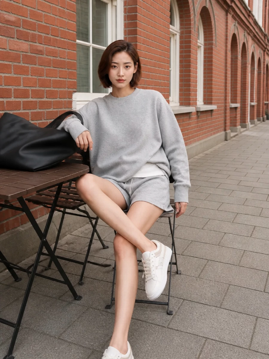 The attico grey sweatshirt shorts sneakers outfit