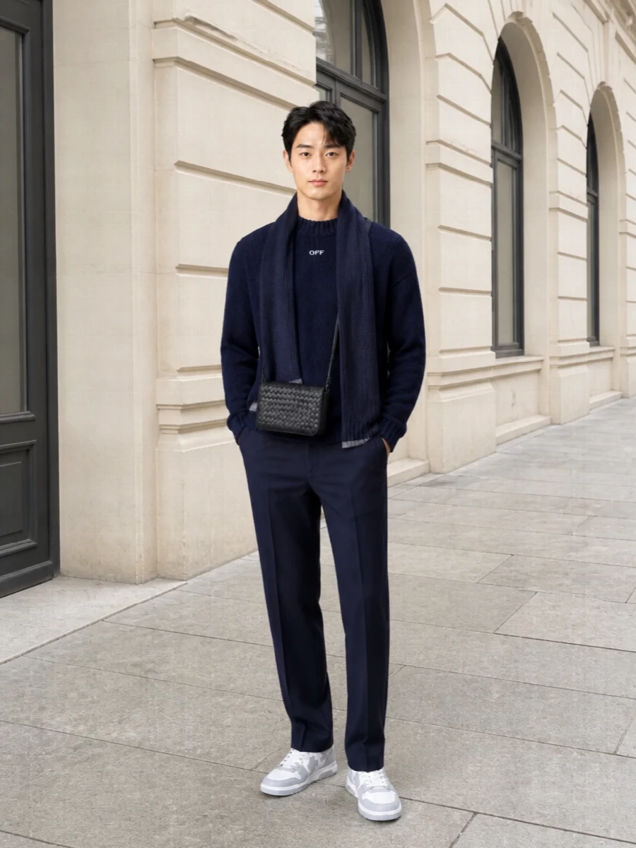 Off white navy sweater tailored trousers outfit
