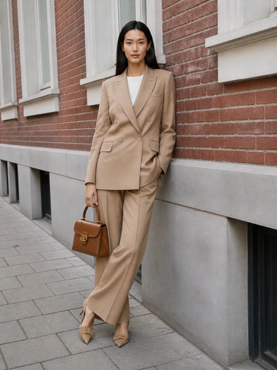 Valentino camel blazer wide leg trousers outfit