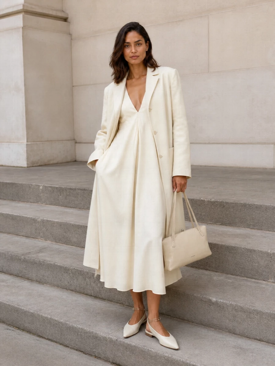 I am building around the coat with the dress route, because a single fluid column under that long, straight outer layer keeps the silhouette serene and modern without overcomplicating the lines. The buttercream midi, pointed cream slingbacks and structured tonal shoulder bag create a near-monochrome composition that feels quietly romantic yet authoritative, ideal for spring occasions where you want presence without sharp suiting. Wear the coat open so the dress movement and the sculptural bag do the talking in a very Jil way.