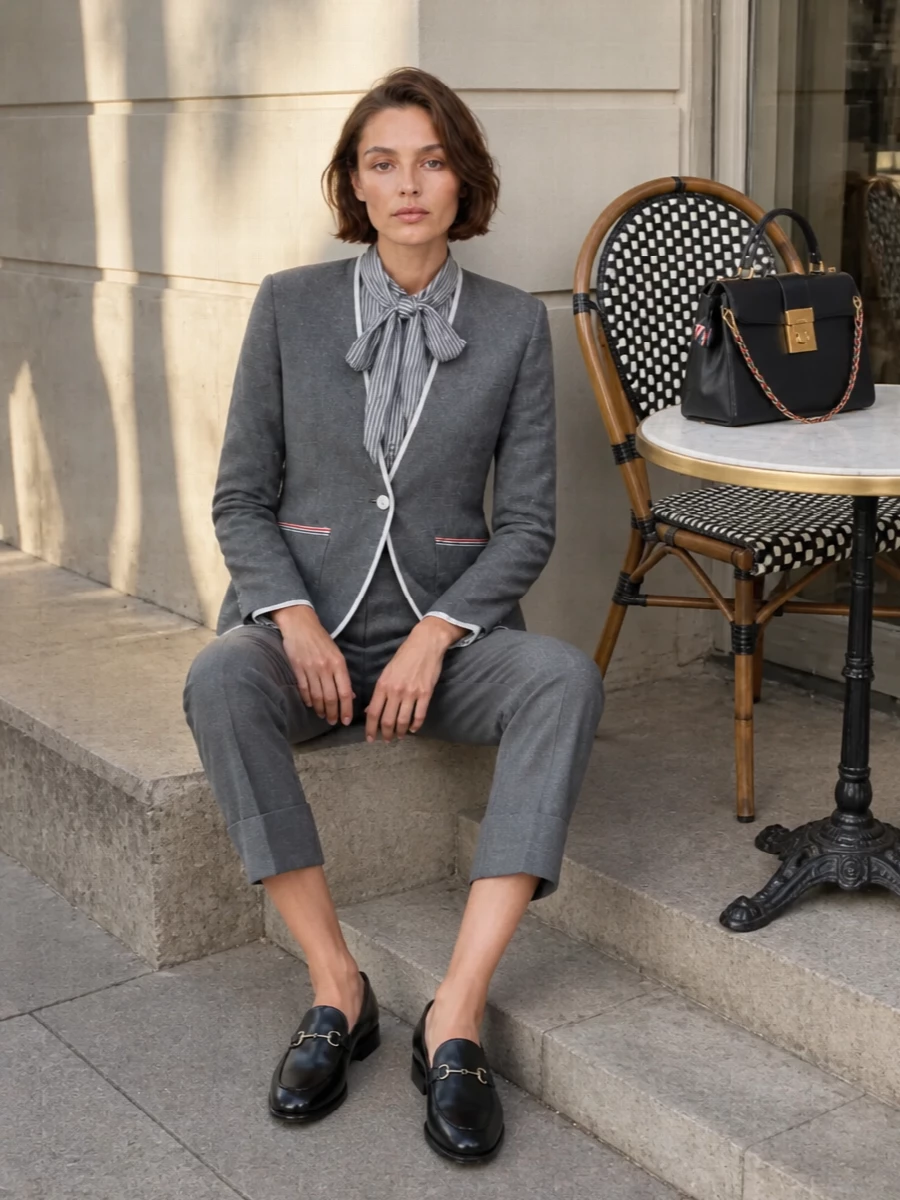 I’m keeping this firmly in Thom Browne’s uniform world with a shirt and trouser route rather than a dress, which would dilute the blazer’s collegiate precision. The grey striped shirt and cropped tailoring extend the blazer into a continuous, architectural column, while black loafers and a structured top-handle bag underline the quiet power-suiting mood. It is sharp, minimal in palette and unmistakably high-tier, made for serious days when you still want character in the details.