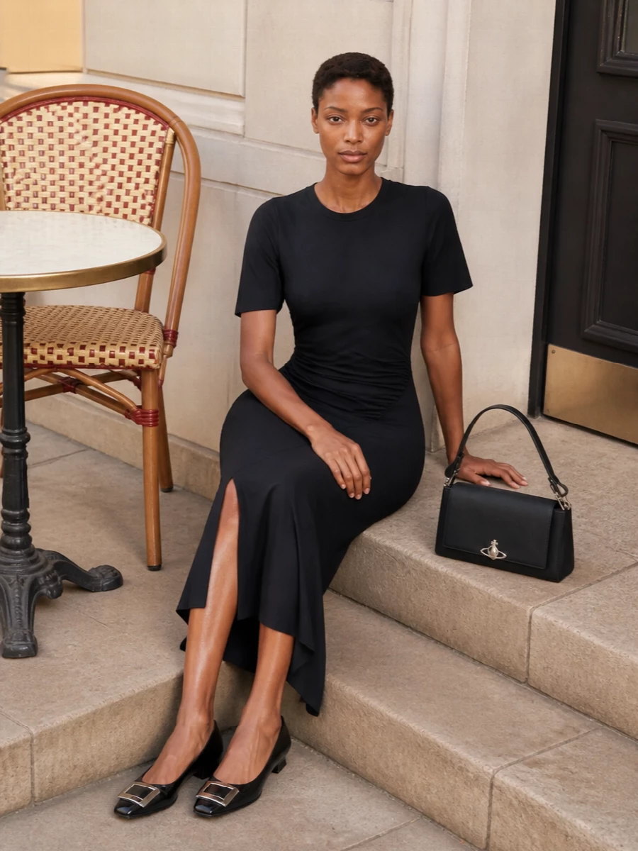 A black ruched Victoria Beckham midi dress paired with the structured Vivienne Westwood baguette creates a sharply minimal evening ensemble that feels composed rather than shouty. Roger Vivier’s low-heel pumps finish it with a measured hit of shine that talks quietly to the bag’s silver hardware. Choosing the dress path keeps the silhouette long and uninterrupted, which better suits the bag’s small, structured proportions and after-dark versatility than a separate top-and-skirt combination would.