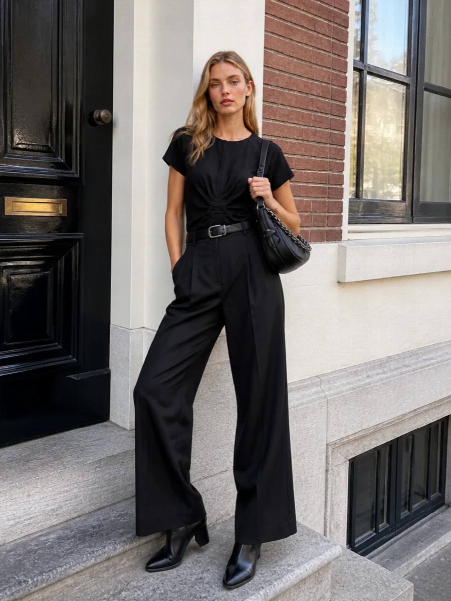 Isabel marant black wide leg trousers outfit