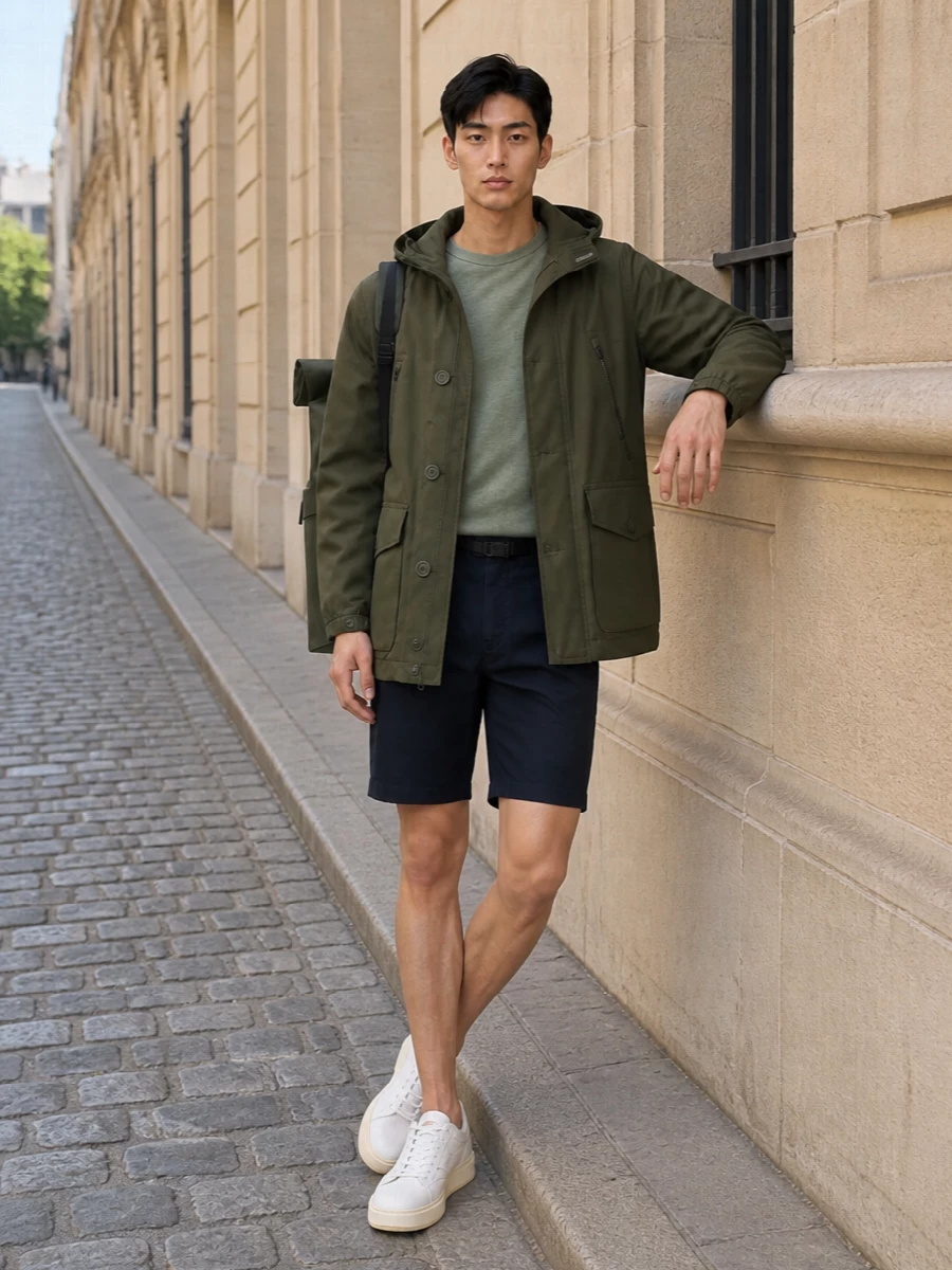 Woolrich olive parka navy shorts white sneakers
