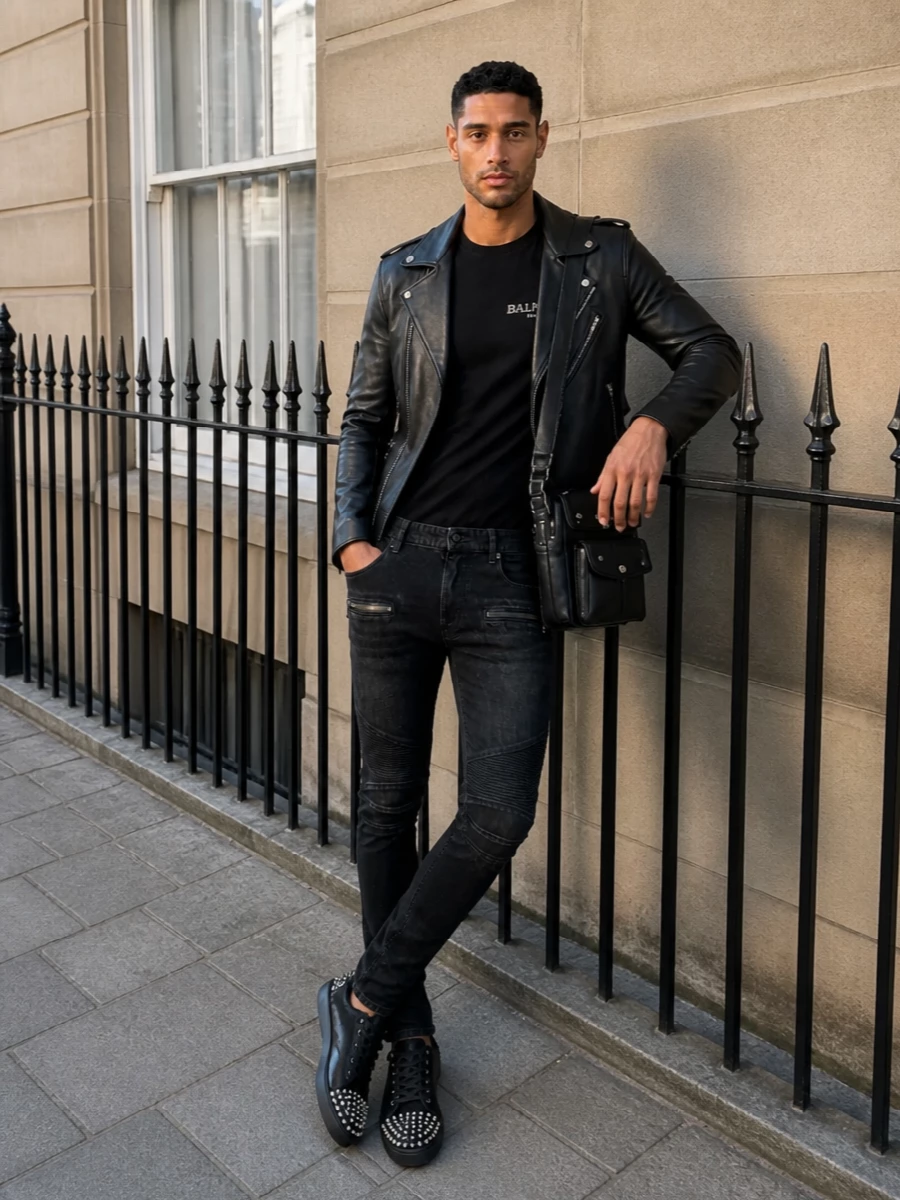 A Paris-after-dark uniform built around the Saint Laurent biker, this outfit runs a strict black palette so the hardware and textures do the talking. Balmain moto denim and the Louboutin studded sneakers push the rock-street attitude, while the Balenciaga bag keeps it hands-free and unapologetically designer. It is sharp, lean and made for nights when you want the leather to carry the conversation.