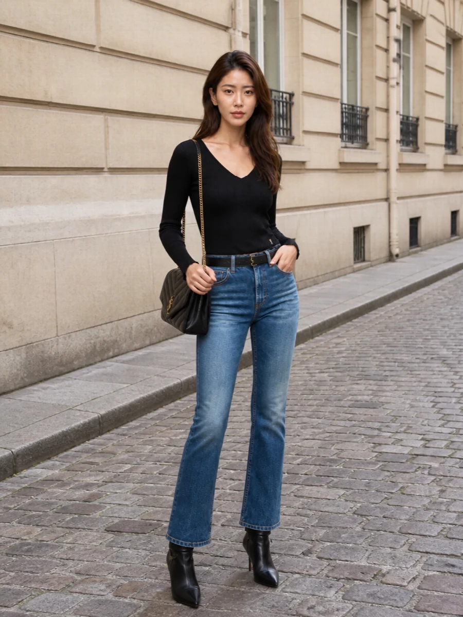 High-rise flared denim meets a close black ribbed knit for that precise, Left Bank rock attitude. A slim gold-buckled belt and sharp black ankle boots keep the proportions long and lean, while a quilted shoulder bag in matching black and gold finishes the outfit with focused, evening-ready polish.