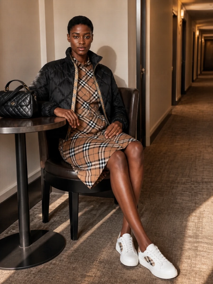 Burberry checked shirt dress black quilted puffer