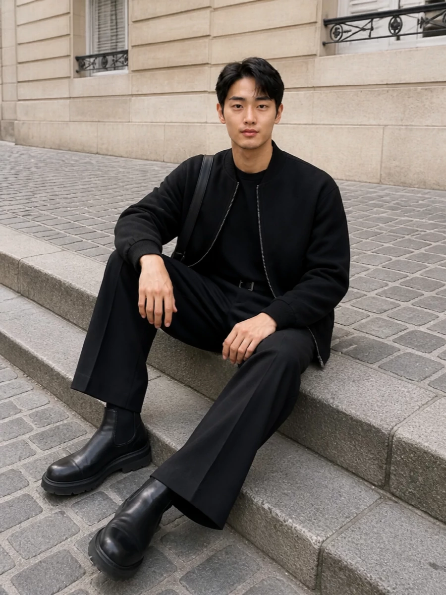 Jil sander black bomber wide leg trousers outfit