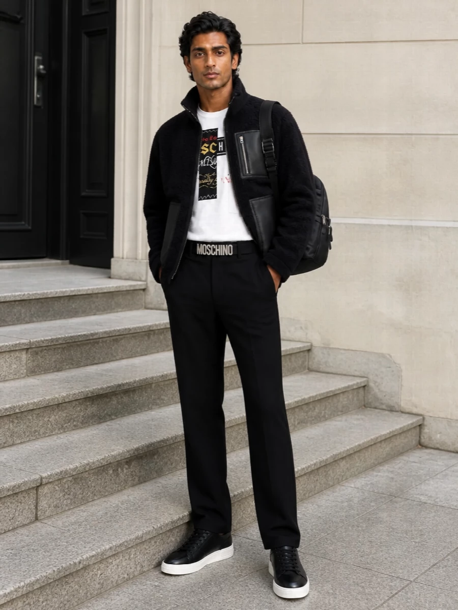 A crisp Moschino graphic tee sits on clean black straight-leg trousers for a streetwear-meets-preppy vibe that still feels put together. Black low-top sneakers keep the palette tight and casual, while the bold logo backpack and belt underline the designer energy without overwhelming the tee. It is an easy city uniform for days when you want comfort and clear branding in equal measure.