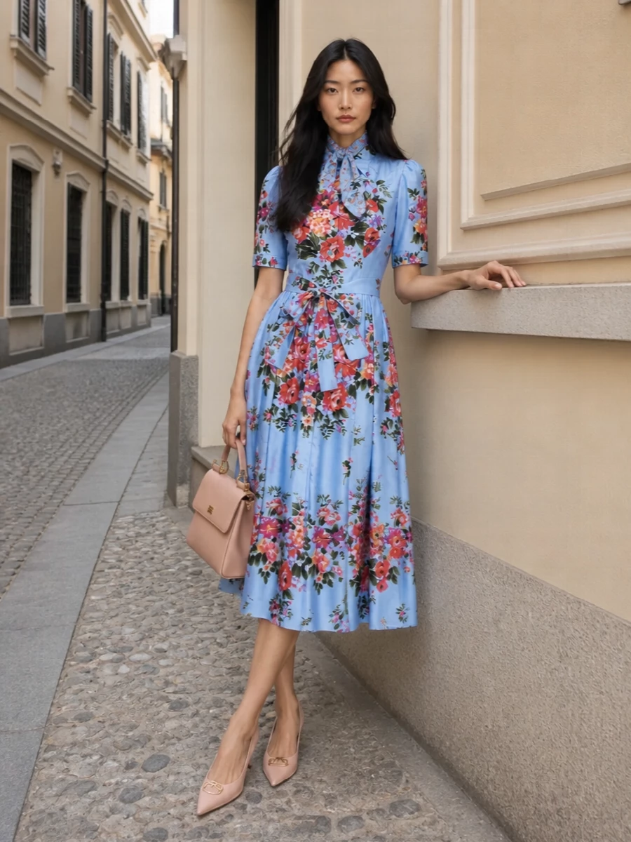 A romantic garden-party ensemble built around the floral shirt dress, grounded with blush-nude slingbacks that lengthen the leg without stealing focus from the print. The structured blush top-handle bag and coordinating silk scarf keep the palette soft and cohesive, giving the whole outfit a polished, Italian-summer charm suited to daytime weddings or terrace lunches.
