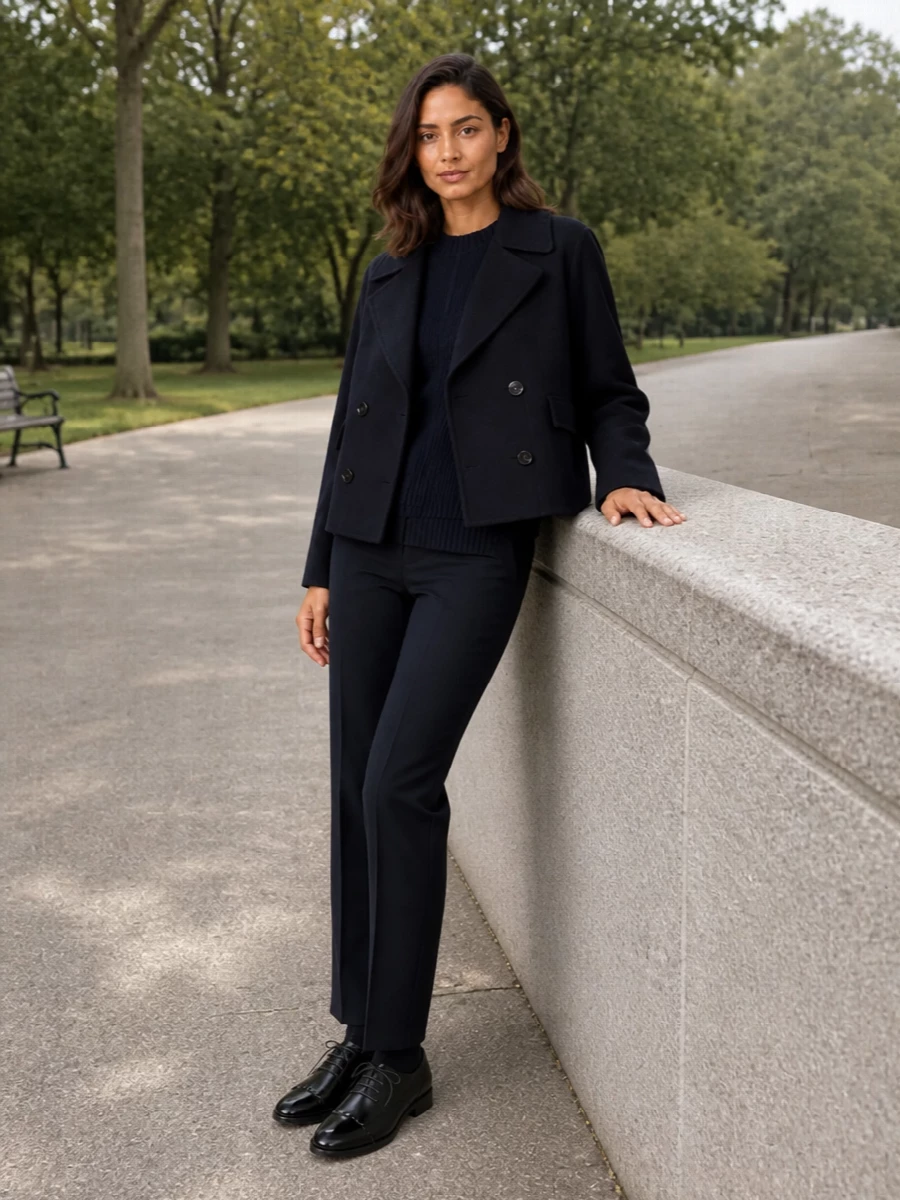 Max mara navy peacoat tailored trousers outfit
