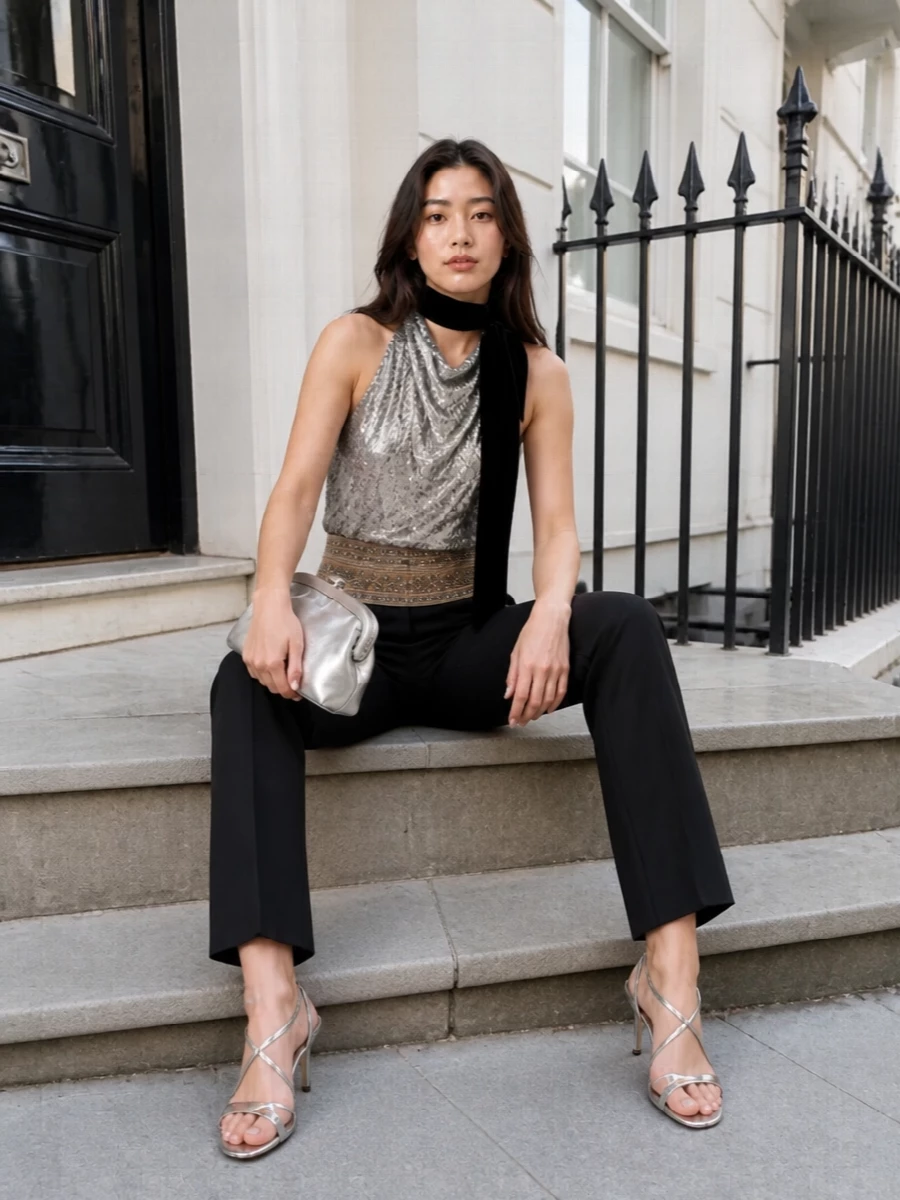 Sequinned Stella McCartney on top meets a high-rise black tux trouser, so all that liquid shimmer feels anchored and sharp rather than loud. Silver stilettos and a sculpted silver clutch keep the palette tight in black, champagne and metallics, while a slim velvet scarf adds just enough dark romance at the neckline. The result is a modern evening ensemble that reads opulent yet controlled from cocktail bar to late dinner.