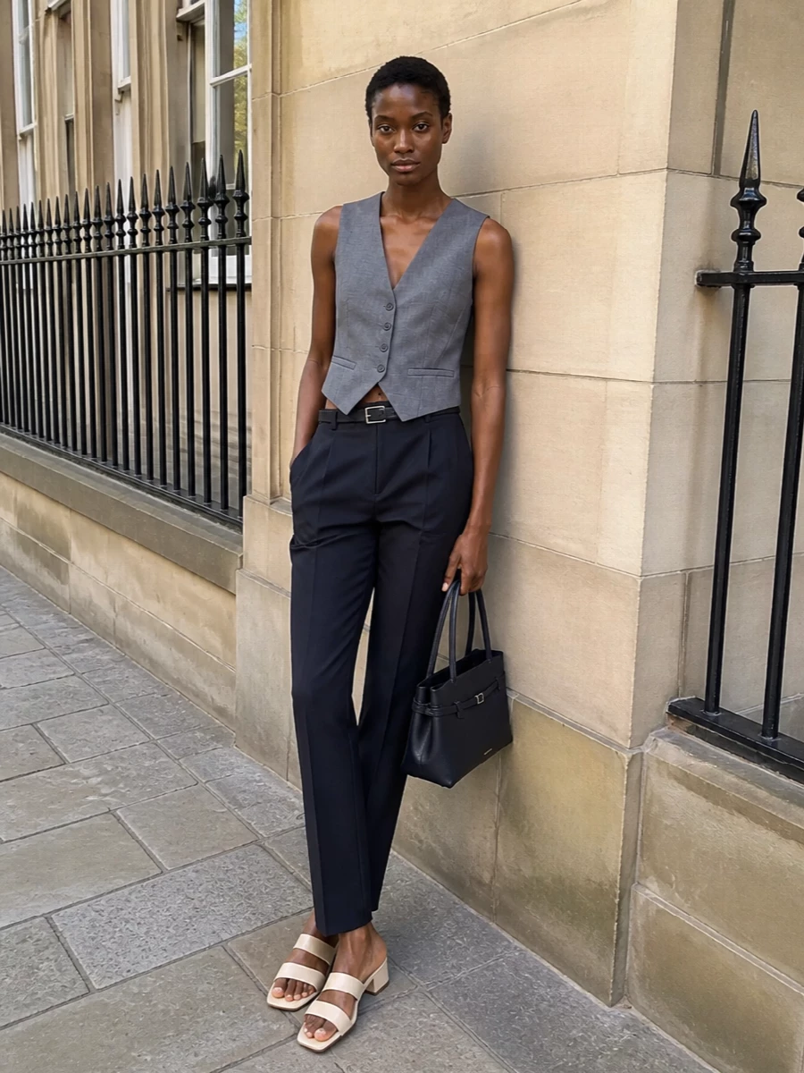 Frankie shop navy trousers waistcoat mules