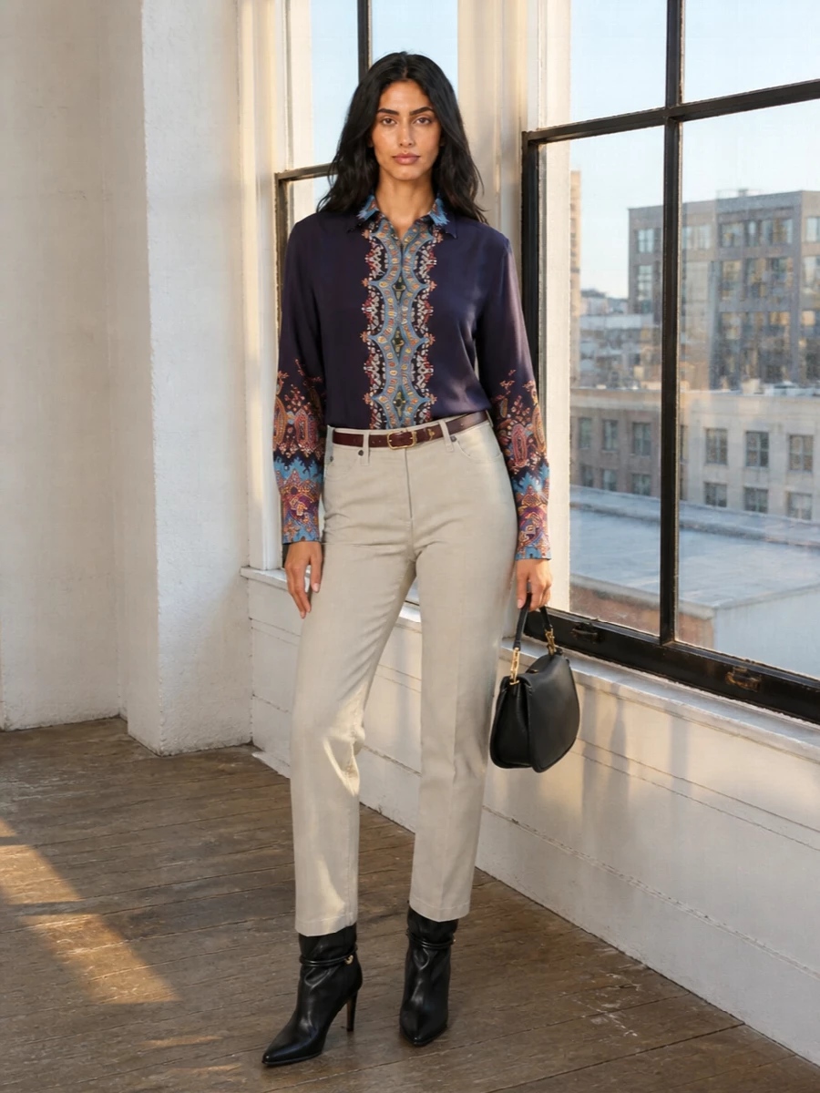 A midnight paisley shirt drapes over clean light-beige tailoring for a romantic, quietly confident ensemble that feels polished but not stiff. Black stiletto boots and a sculpted saddle bag anchor the print, while a slim burgundy belt softly defines the waist and picks up the shirt’s warm accents.