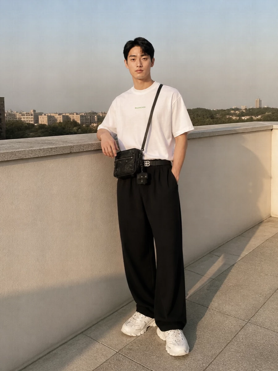 Balenciaga wide leg trouser white sneaker outfit