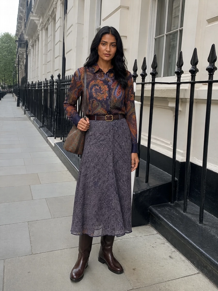 Etro paisley midi skirt sheer blouse boots