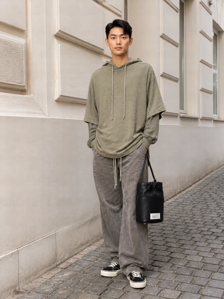 Monochrome earth tones keep this Rick Owens edit quiet, with the moss grey hoodie softening into washed taupe denim and the graphic black sneakers grounding everything. The wide leg and elongated top create that relaxed, column-like silhouette, while the compact black leather bucket adds a precise, slightly art‑driven finish. It is a pared-back, street-leaning uniform that still feels considered from head to toe.