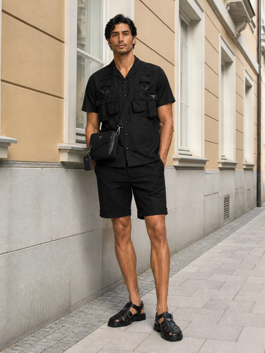 Prada black fisherman sandals utility shirt shorts