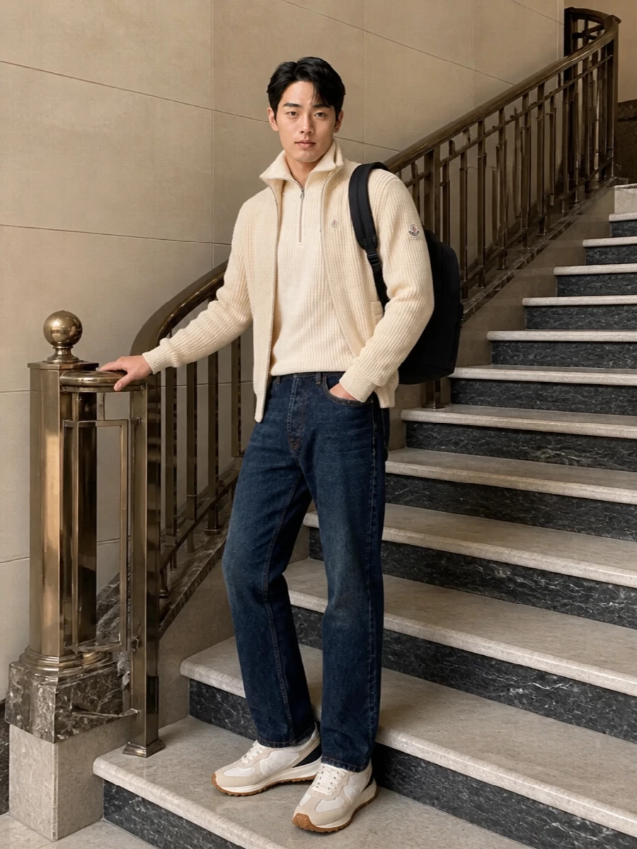 Moncler mens beige knit jacket denim runners