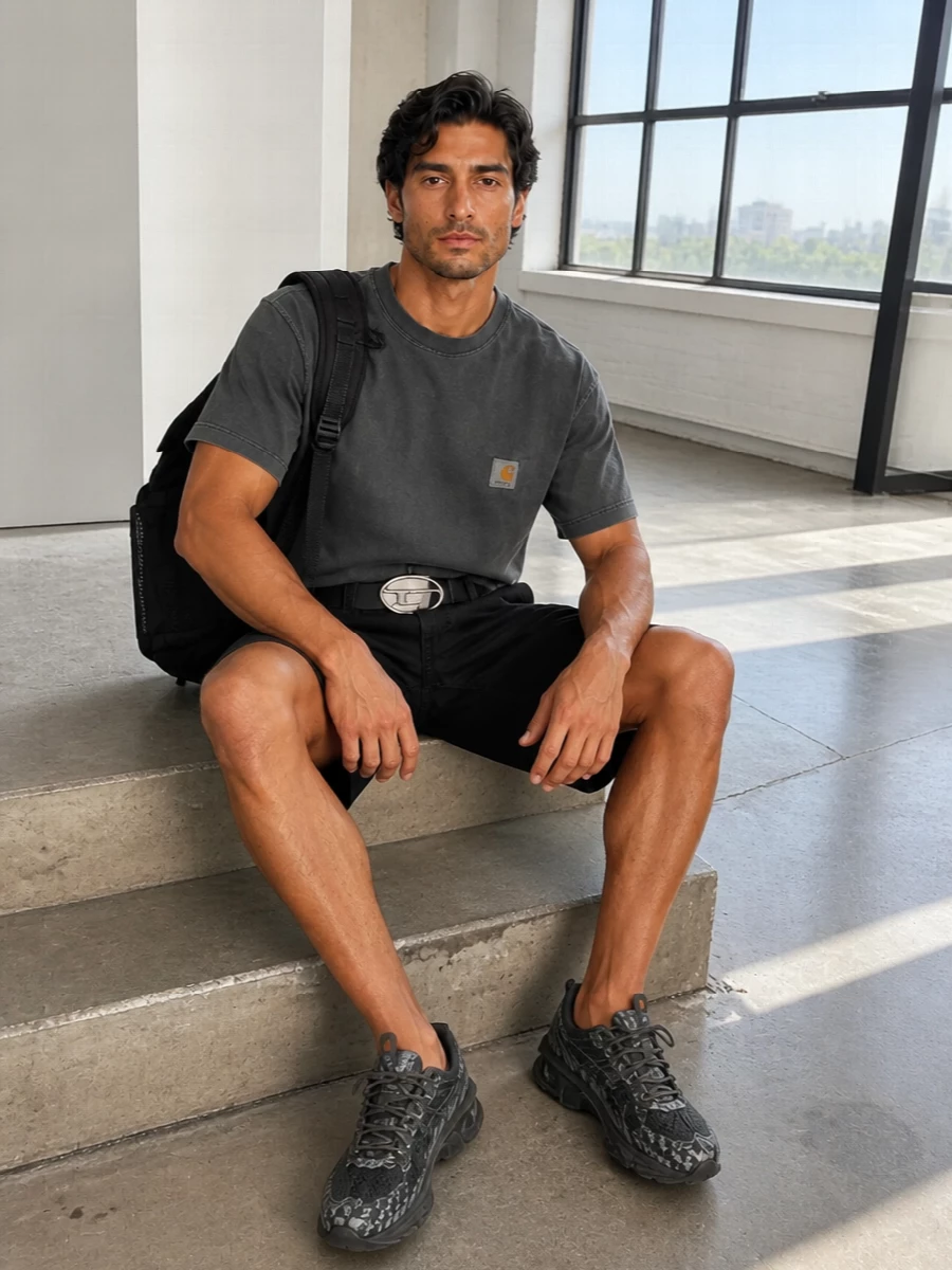 Carhartt cargo shorts charcoal tee asics sneakers
