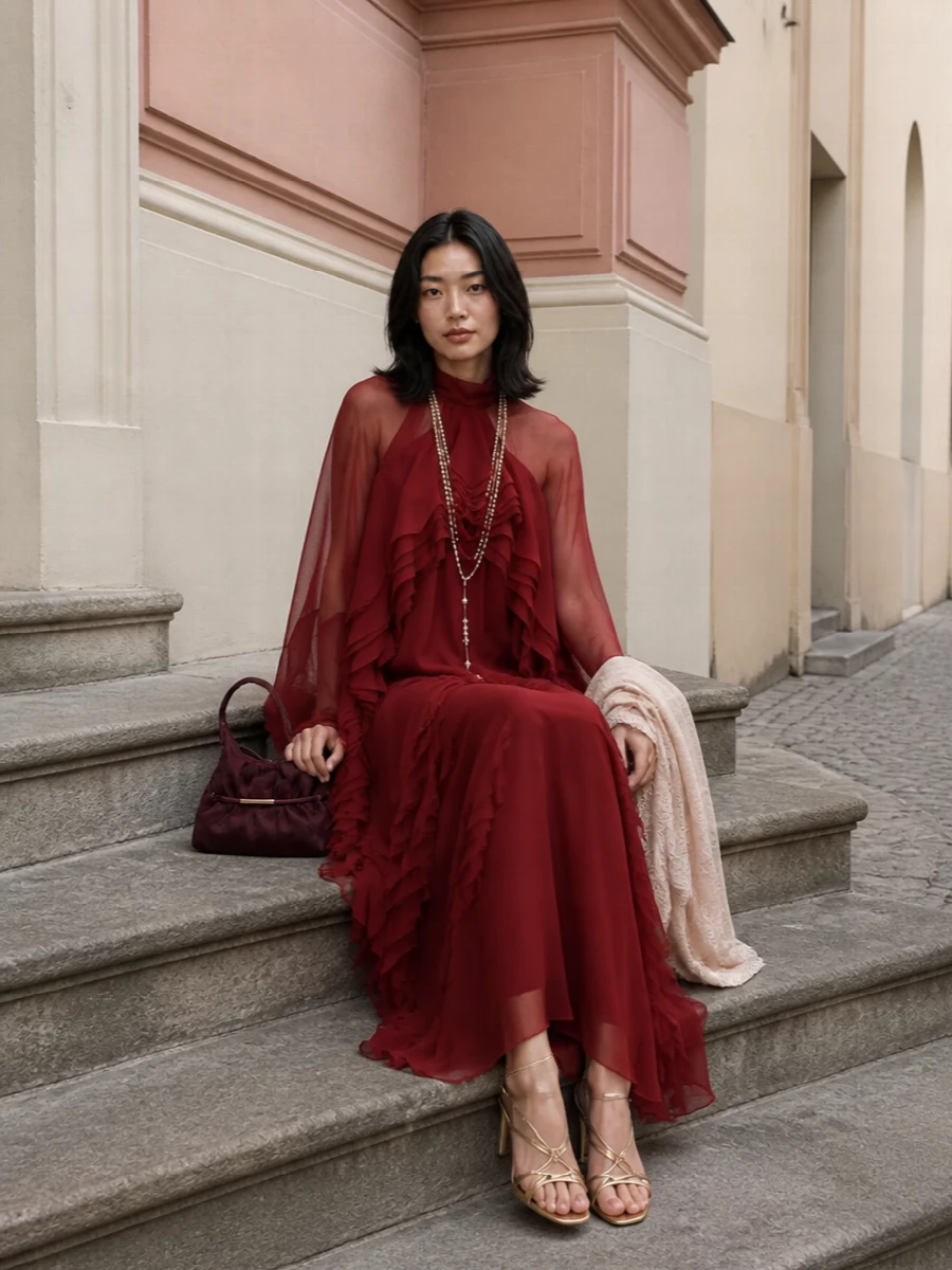 Alberta ferretti red ruffle gown gold sandals