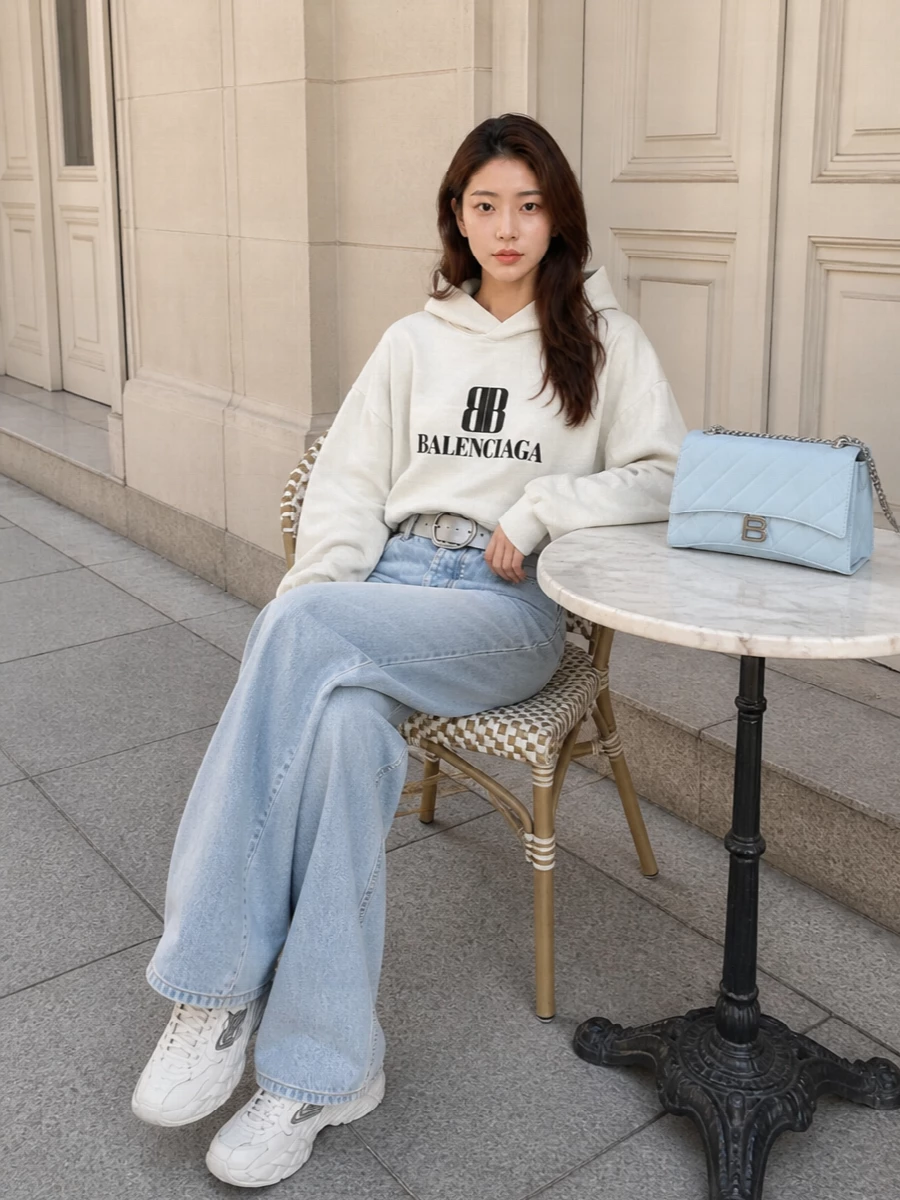 Balenciaga wide leg jeans logo hoodie runners