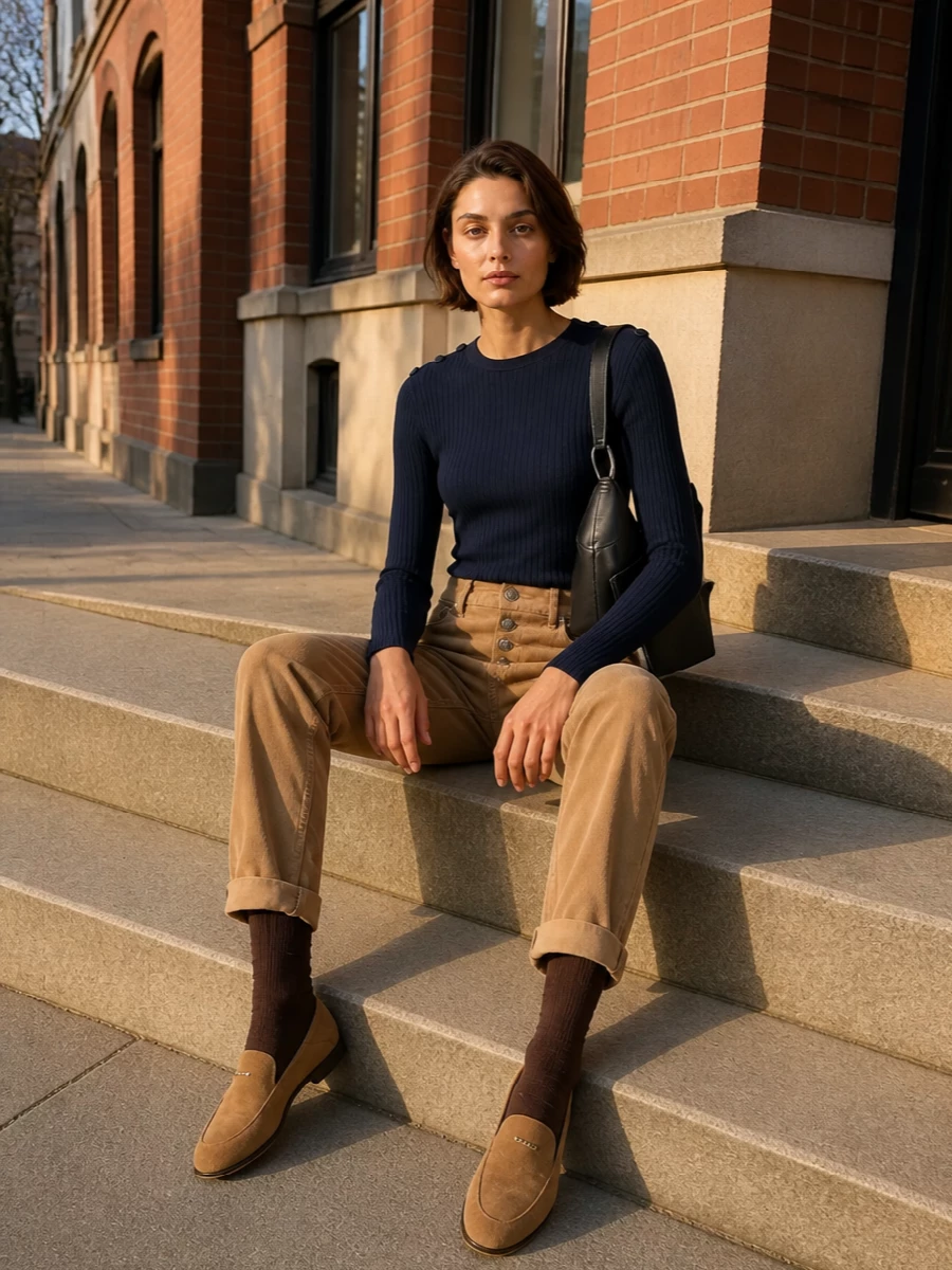 Dondup camel corduroy pants navy sweater outfit