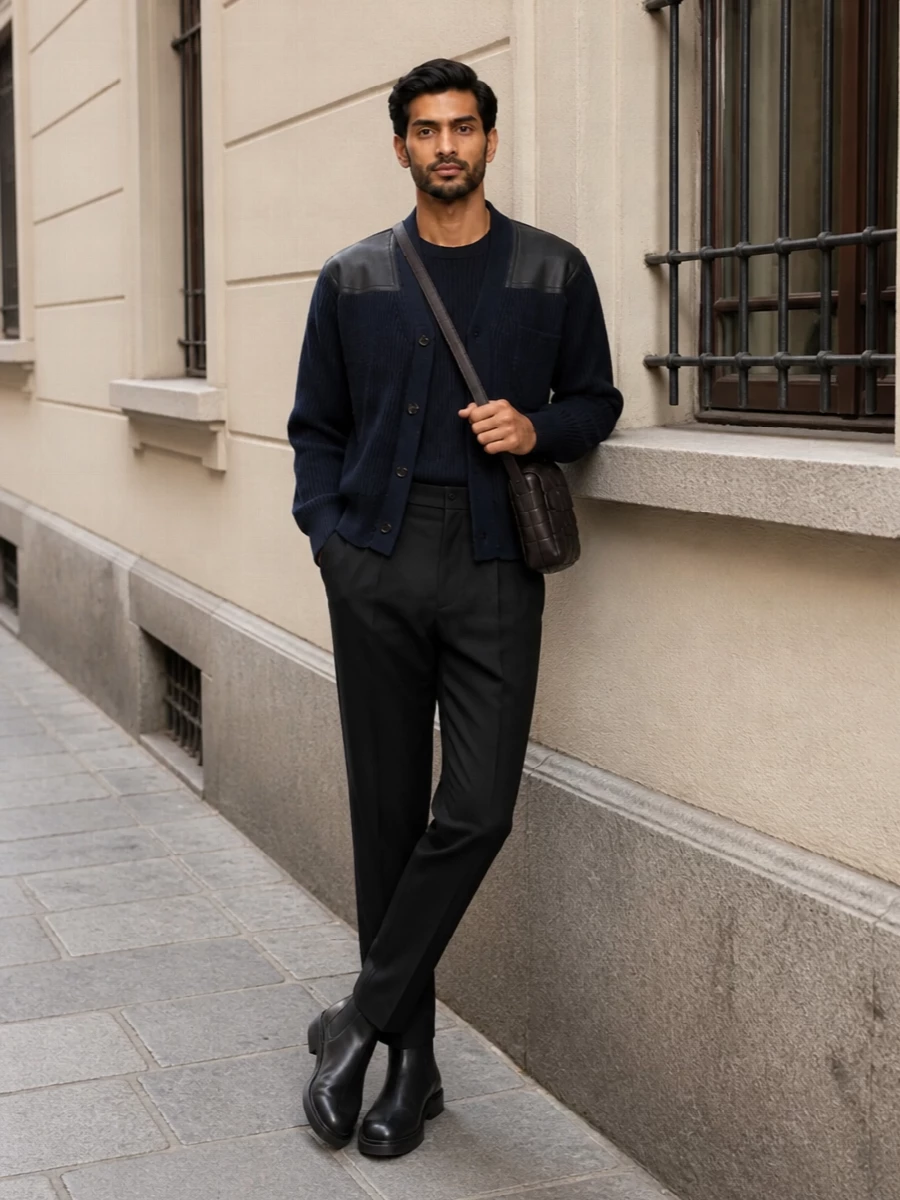 Bottega veneta navy cardigan pleated trousers