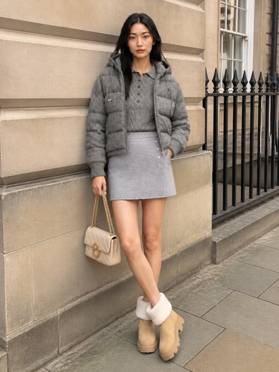 Ralph lauren grey puffer mini skirt outfit