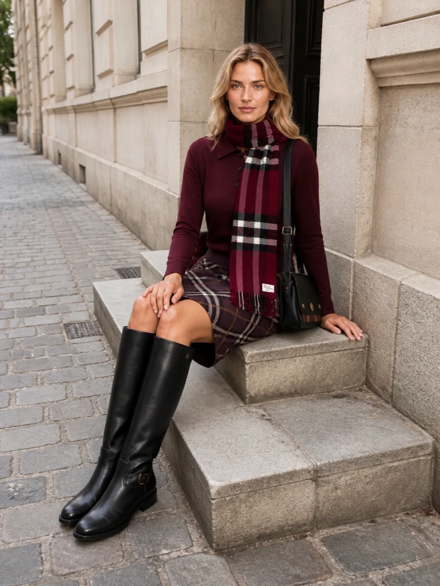 Burberry burgundy polo check knit skirt outfit