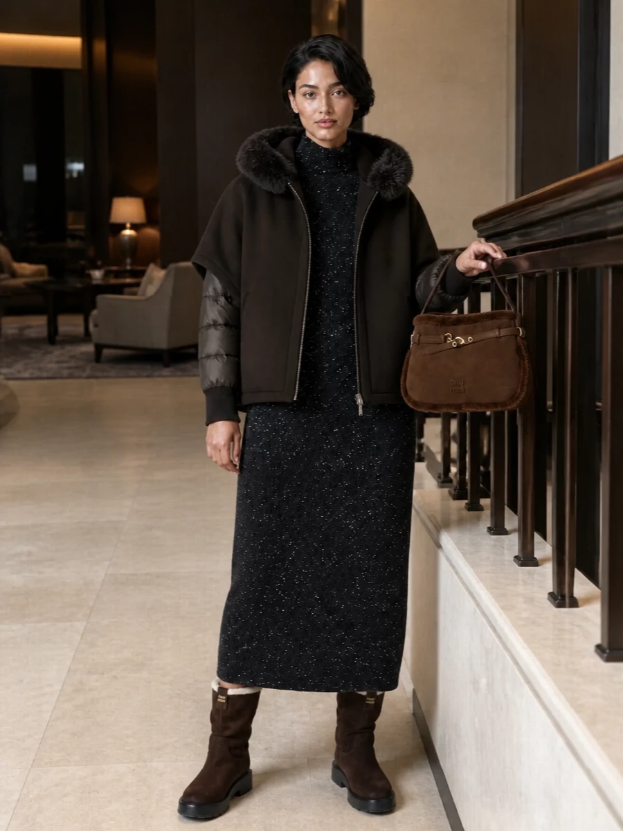 The row knit dress shearling boots suede bag