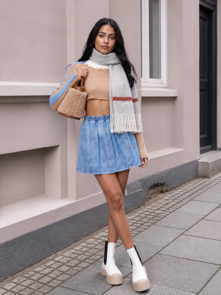 Marni denim mini skirt cropped knit outfit