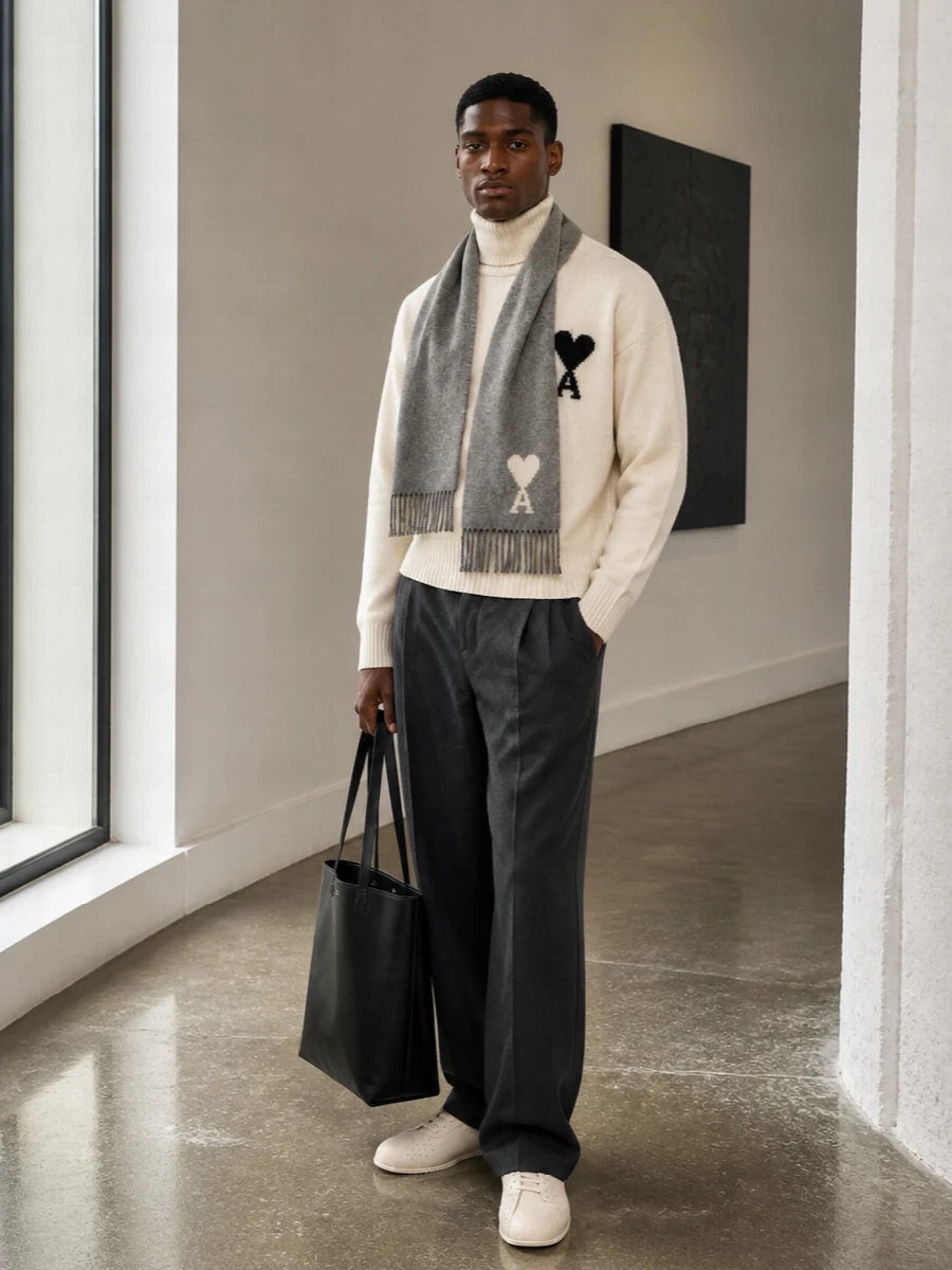 Ami cream turtleneck wide leg charcoal trousers