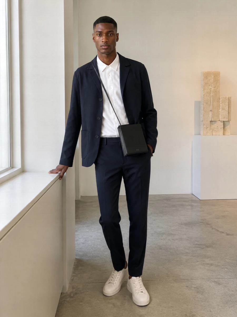 Herno navy blazer white shirt tods sneakers