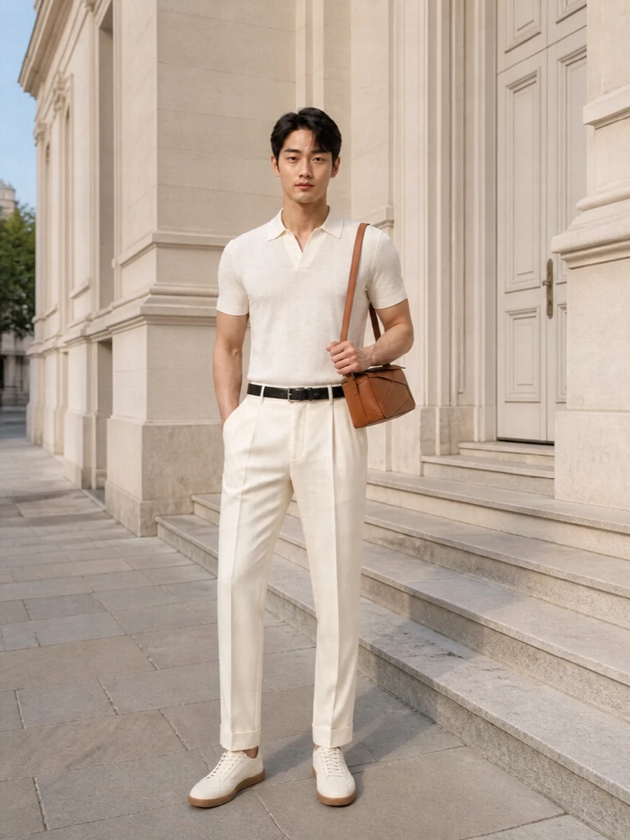 This look leans into tonal summer tailoring: the ivory knitted polo paired with the ivory pleated trousers creates a long, clean line that feels refined yet relaxed. Cream leather sneakers and a tan geometric shoulder bag keep the mood modern and discreetly luxurious, while a slim black belt adds just enough structure at the waist for quietly polished SS dressing.