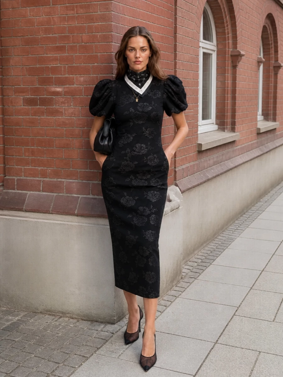 Rotate black floral midi dress mesh heels