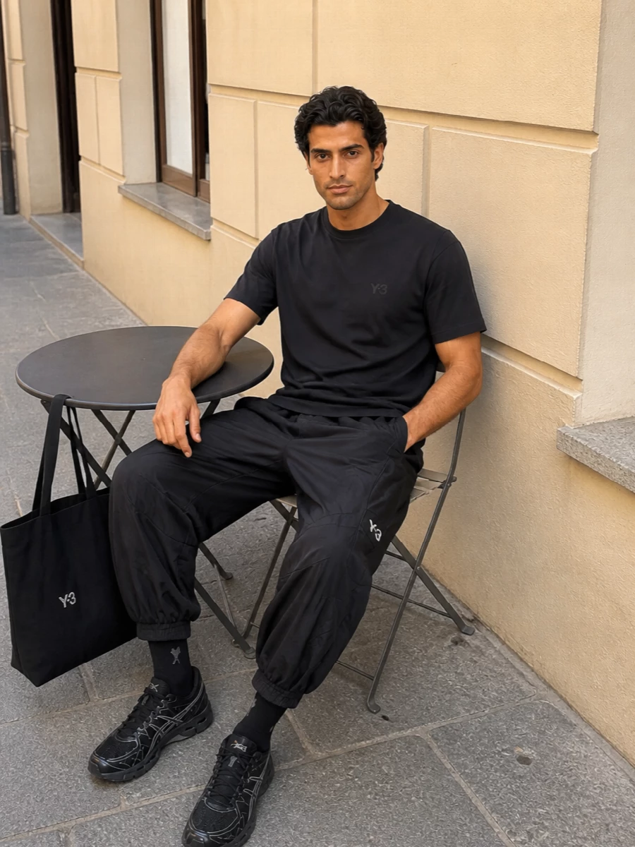 Y3 black tshirt track pants asics runners